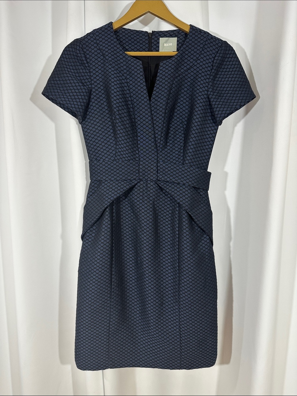 Anthropologie Maeve Navy Textured Sheath Dress Pleated Waist Career Cocktail